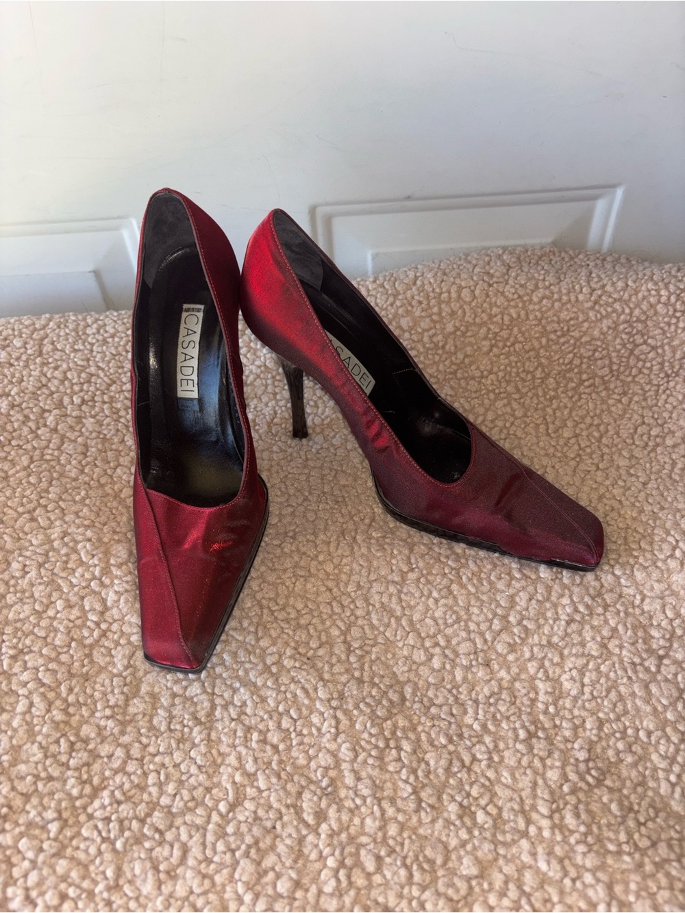 Casadei dark red iridescent satin square toe heels size 7 B